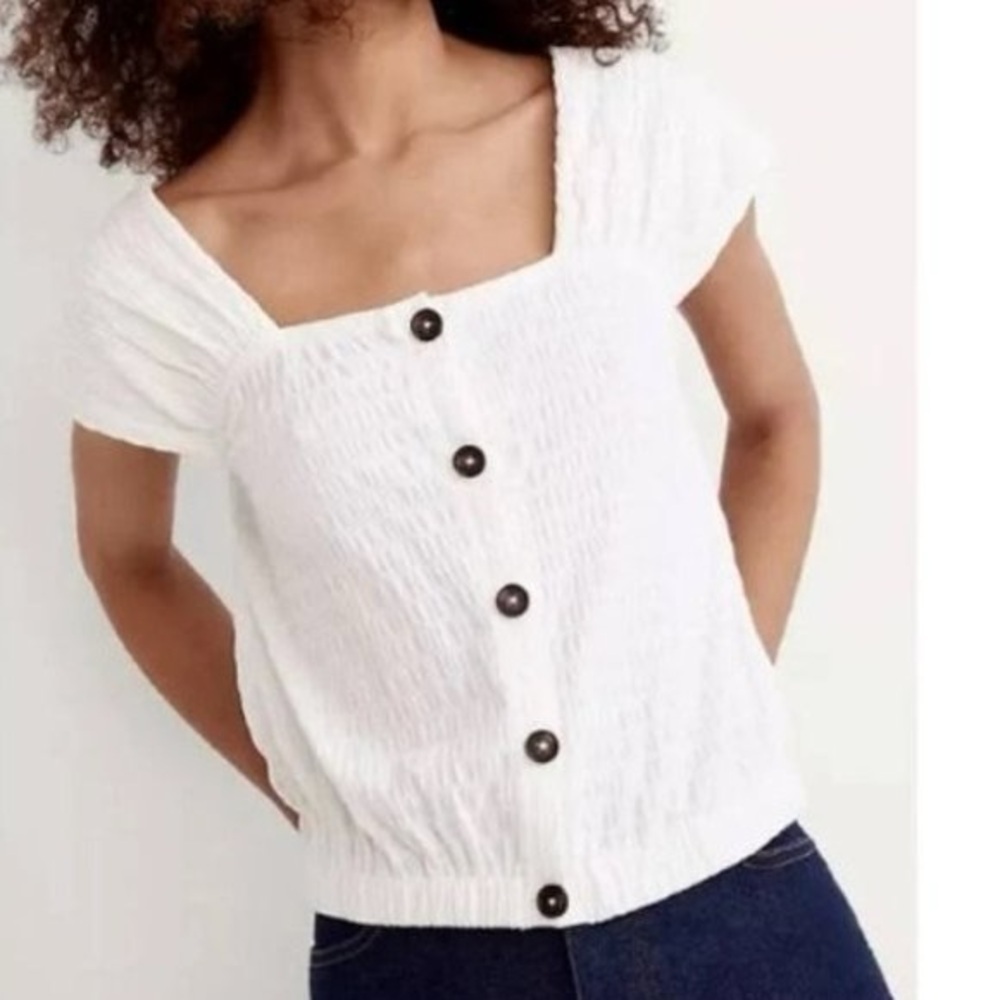 Madewell Crinkle-Knit Button-Front Top in Cream